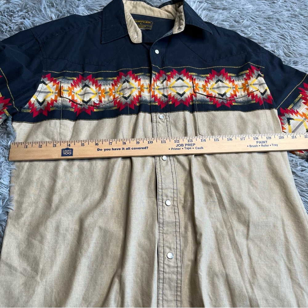Wrangler Rustler Shirt Mens Large Pearl Snap Southwestern Cowboy Rodeo Blue Tan - Picture 6 of 8